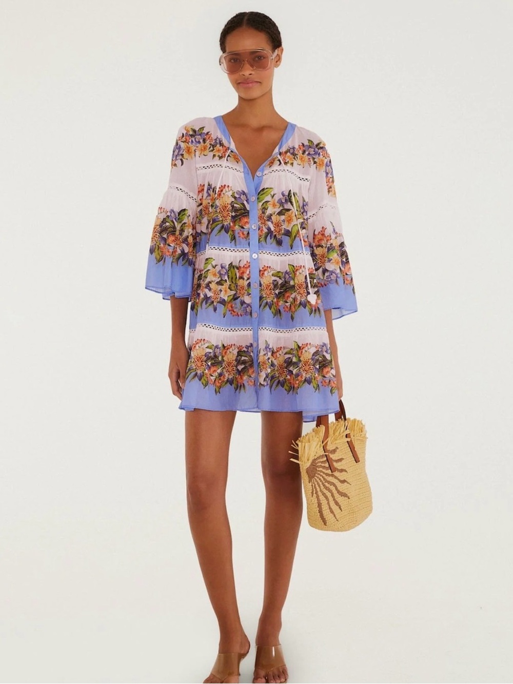 FARM RIO NWT Floral Print Blue V-Neck Mini Dress